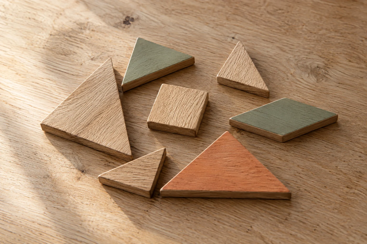 Lose angeordnete Holzformen mit naturfarbenen, grünen und apricotfarbenen Flächen auf einem Tisch.