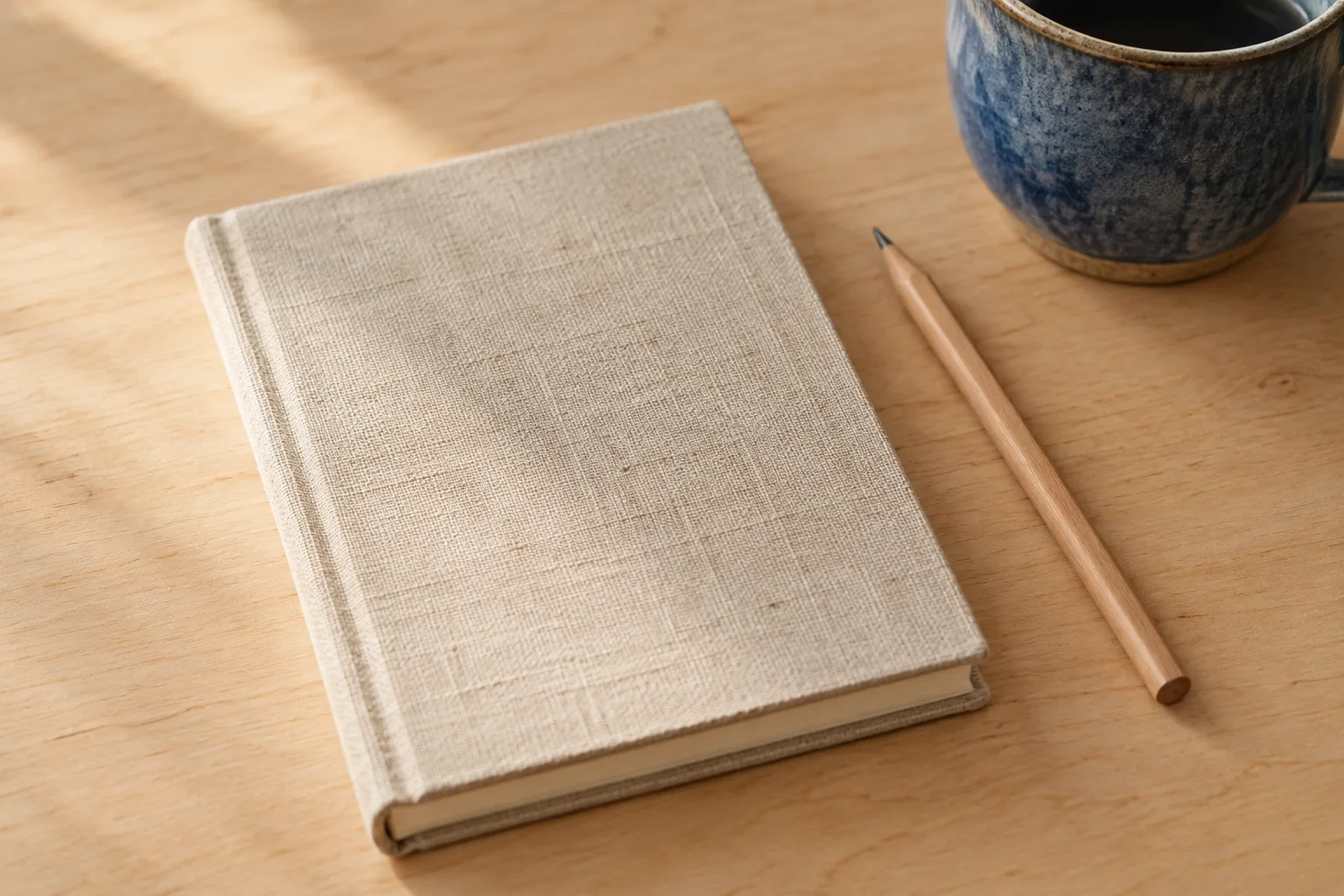 Leinen-Notizbuch mit Bleistift und blauer Keramiktasse