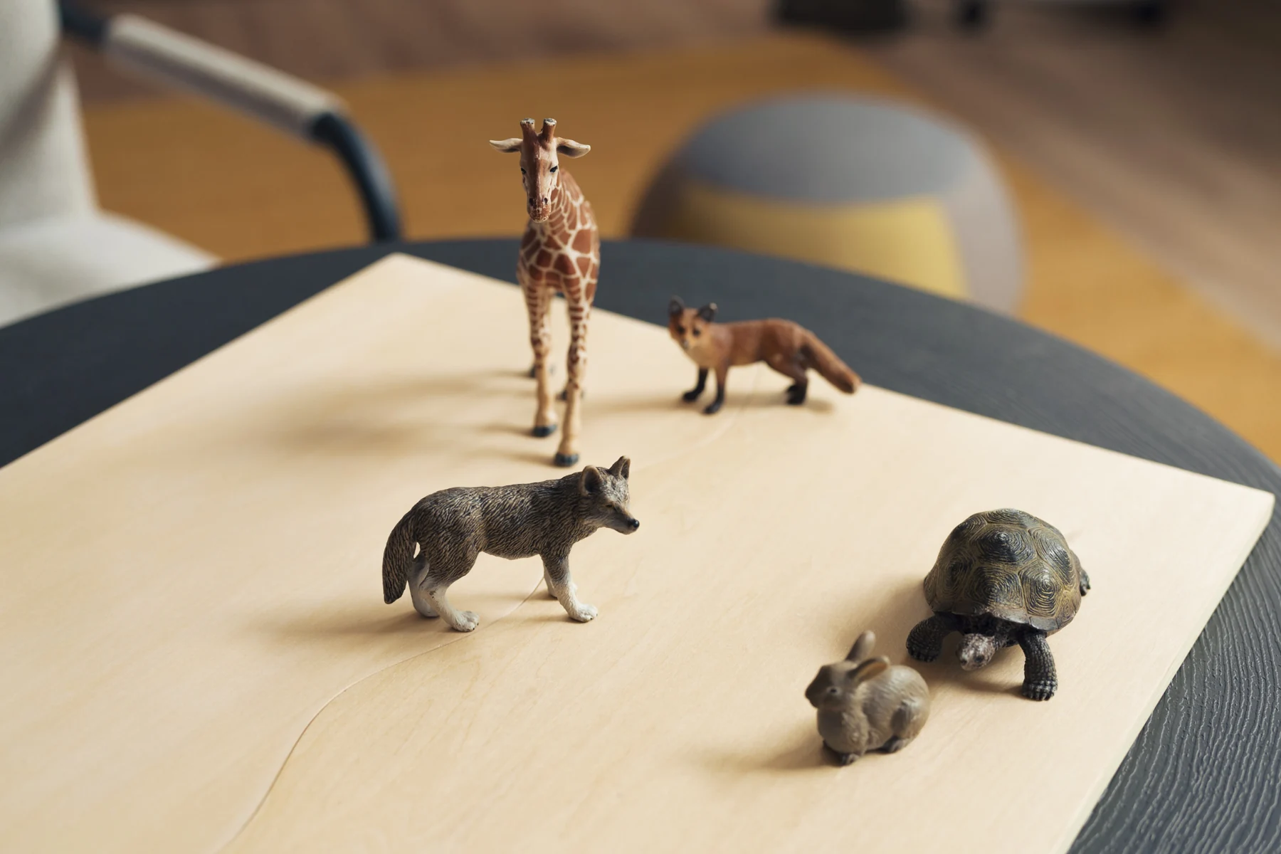 Tierfiguren in einer Aufstellung auf einem hellen Systembrett in der Praxis.