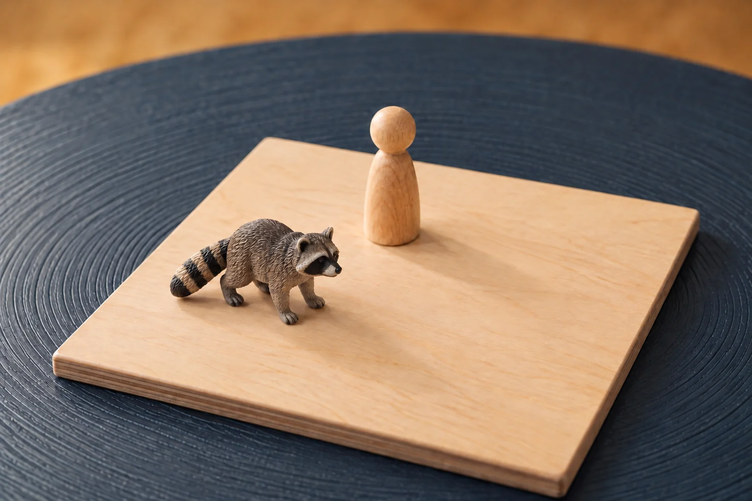 Eine kleine Holzfigur und ein Waschbär als Spielzeugfigur auf einem eckigen Holzbrett auf dem dunklen runden Tisch.