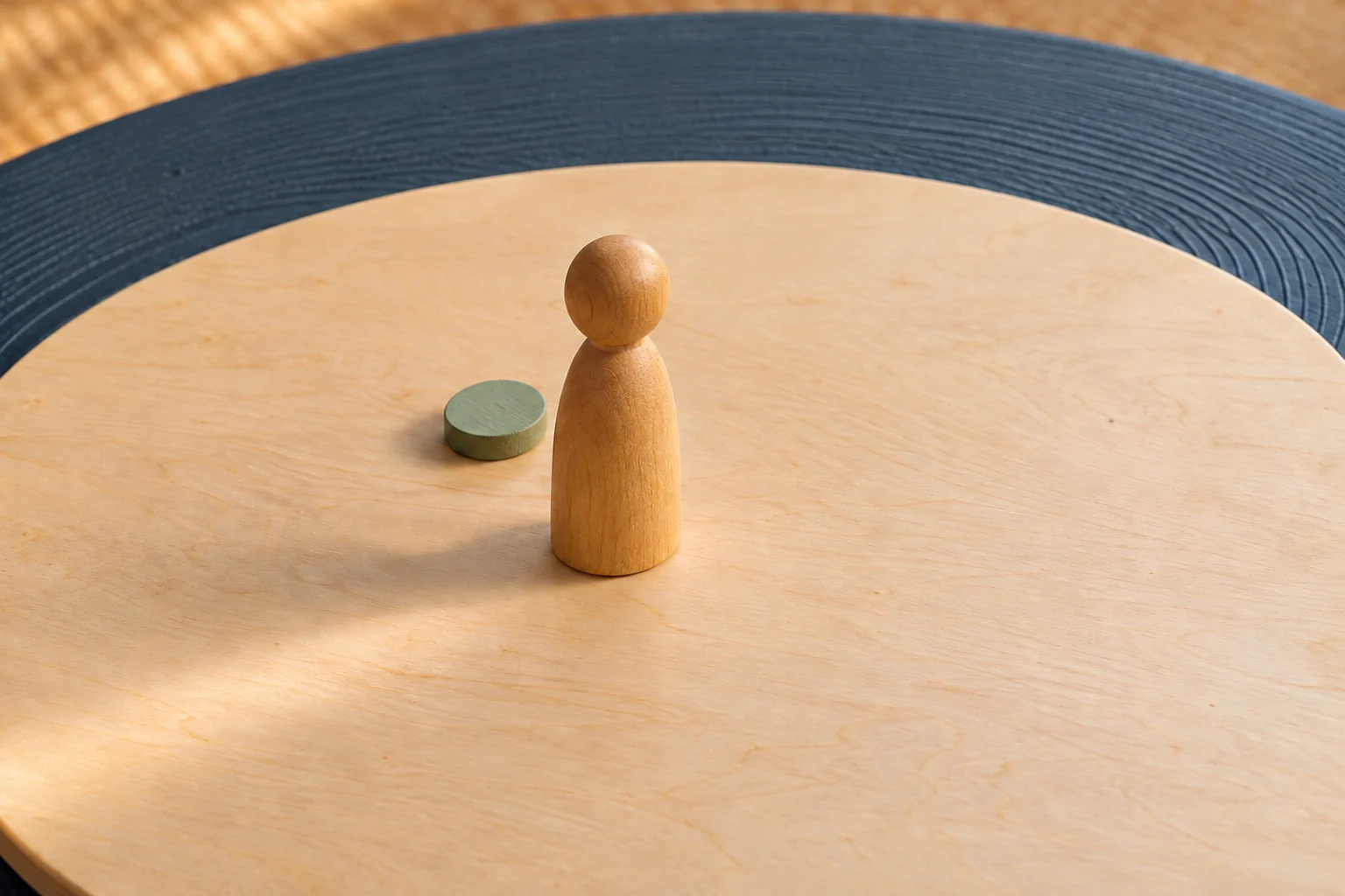 Eine einzelne Holzfigur mit einem salbeigrünen Marker auf hellem Holz und einem dunkelblauen Tisch.