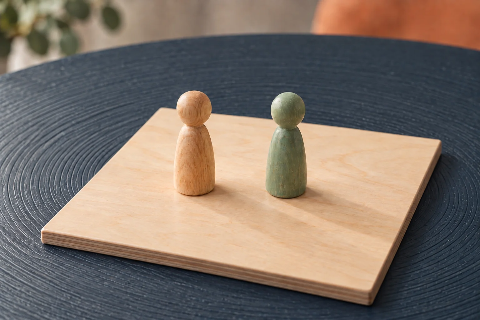 Zwei gleich große Holzfiguren, eine naturfarben und eine salbeigrün, auf einem eckigen hellen Holzbrett.