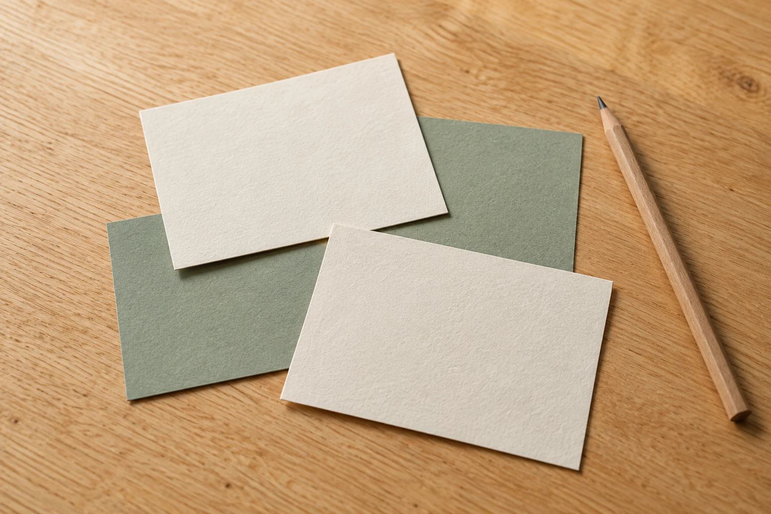 Helle und salbeigrüne Papierkarten mit einem Bleistift