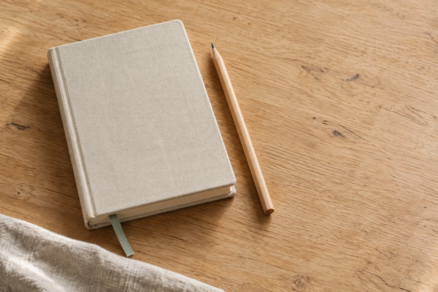 Ein geschlossenes Leinennotizbuch und ein Bleistift auf Holz