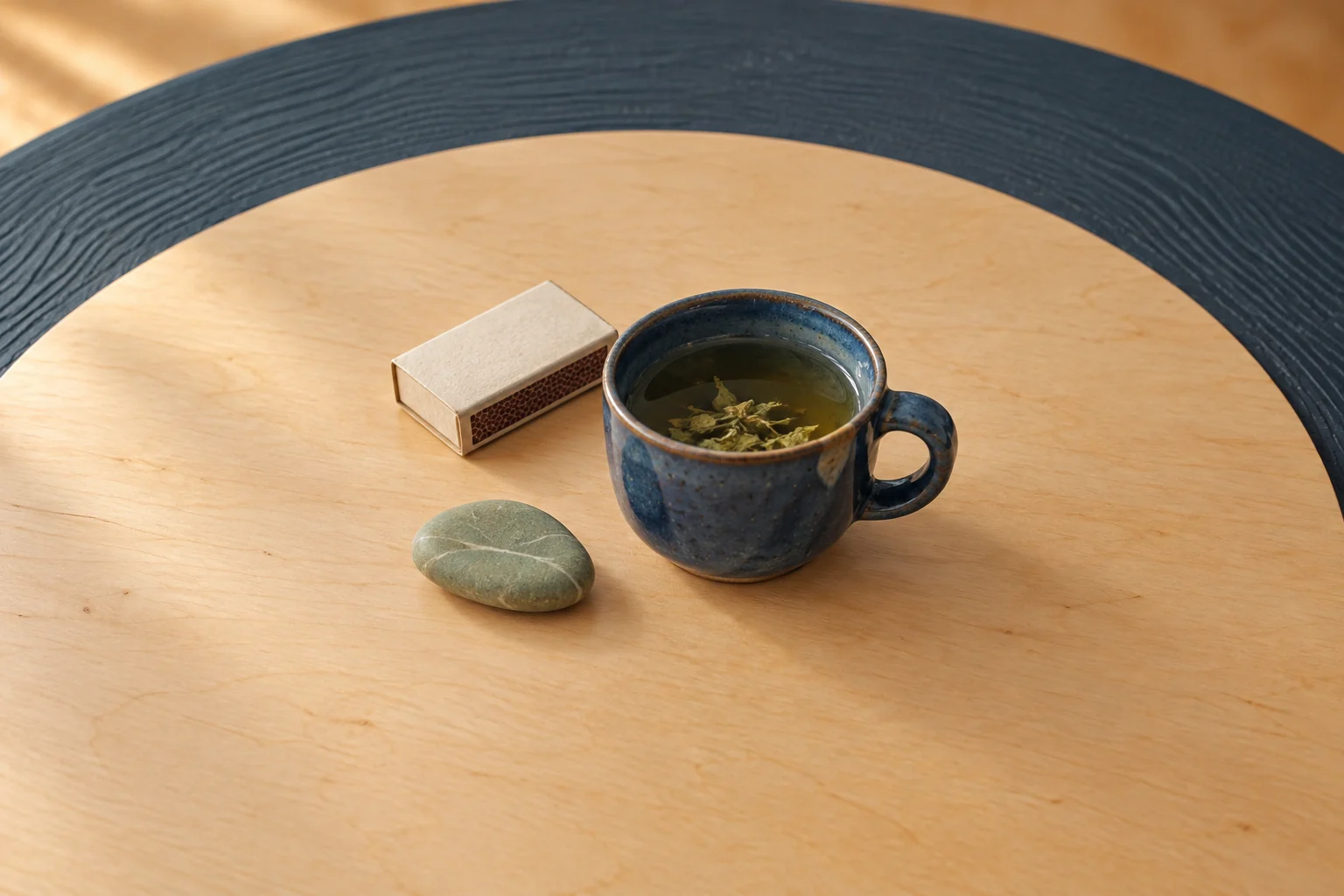 Eine blaue Keramiktasse, ein glatter Stein und eine beiseitegelegte geschlossene Streichholzschachtel.