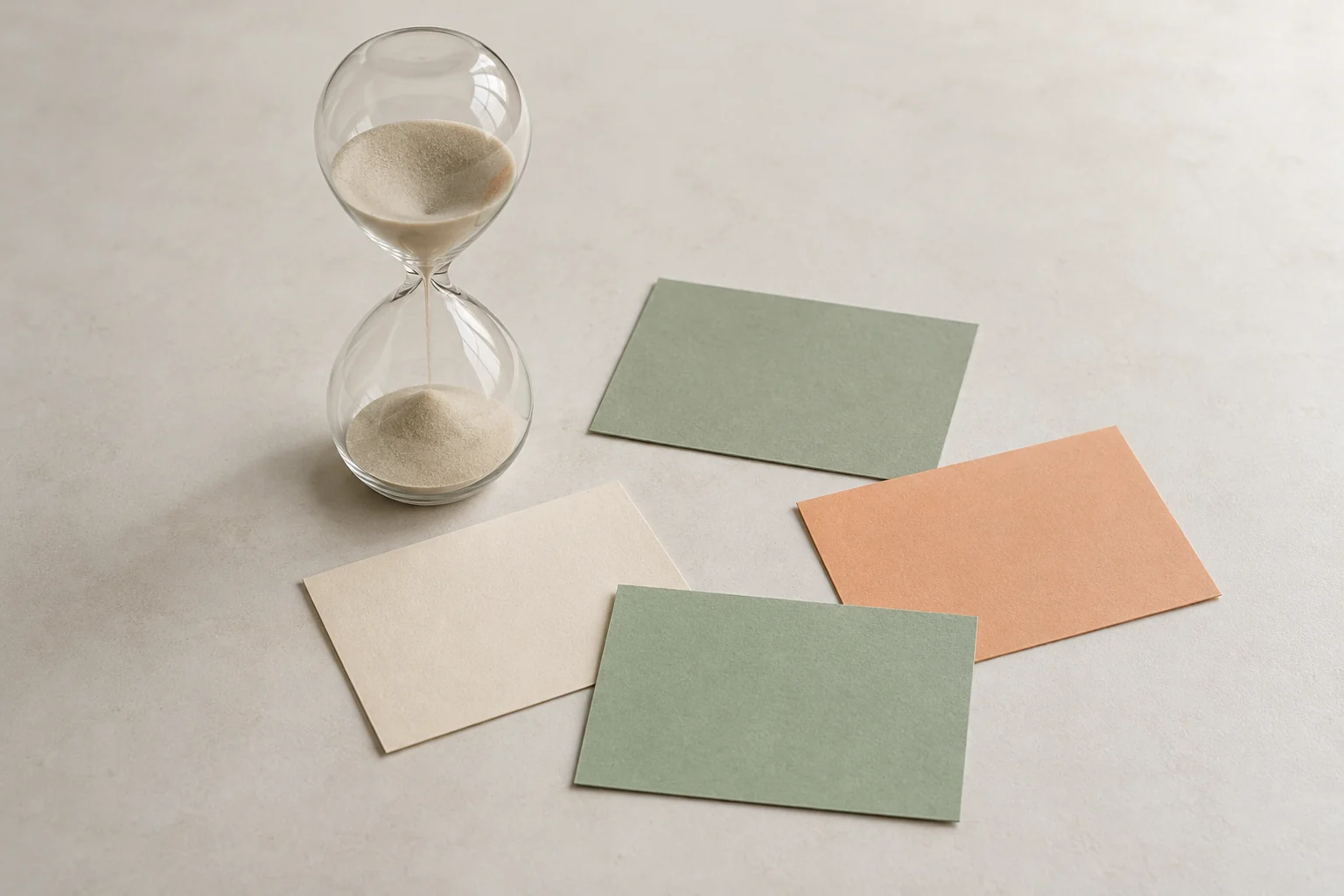Eine gläserne Sanduhr neben vier leeren Moderationskarten in Grün, Apricot und Creme auf einem hellen Tisch.
